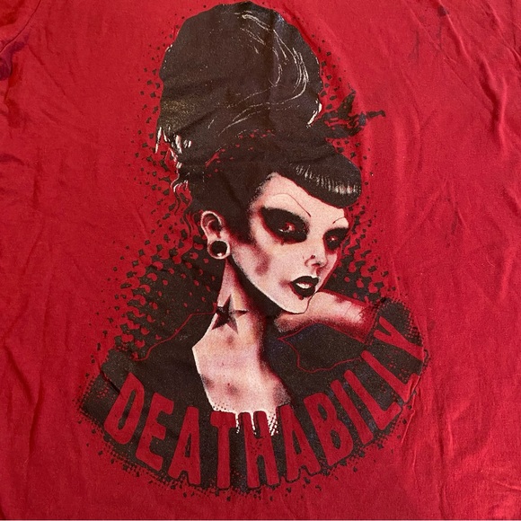 Too Fast Brand Deathabilly Goth tee SZ L GUC see last 2 pic for spot, v-neck - Picture 2 of 8
